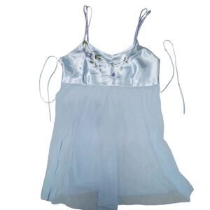 Women's Large Aqua Blue Sheer Satin Embroidered Floral‎ Butterfly Slip Lingerie